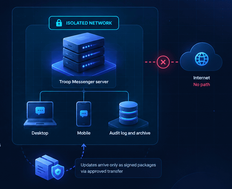 Air-gapped messaging architecture with an isolated server, desktop, mobile, audit archive and blocked internet connection